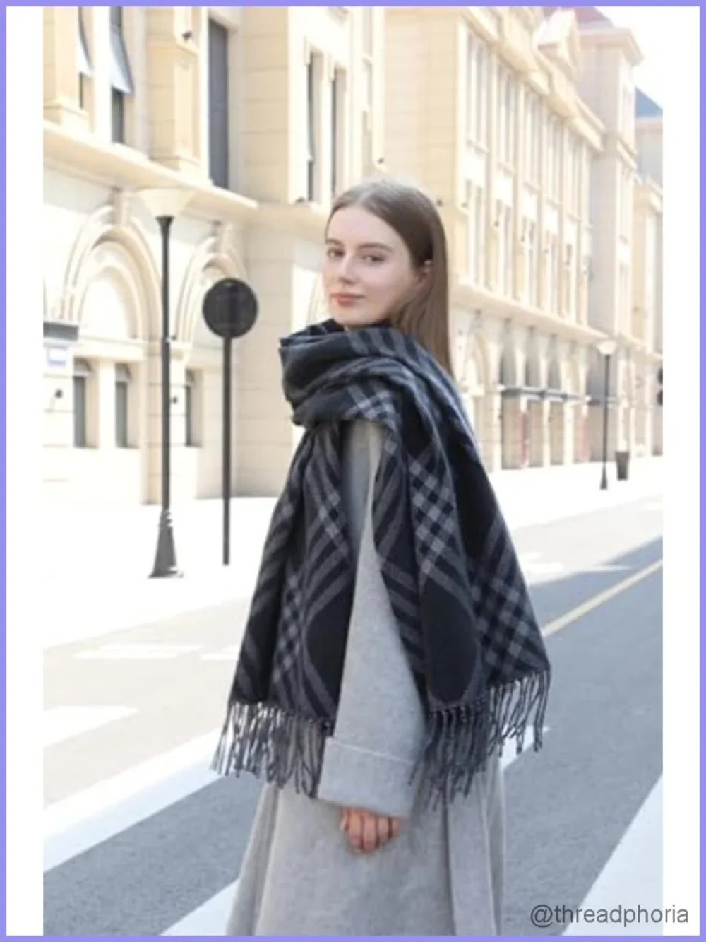 Oversized Plaid Reversible Scarf Shawl Wrap Cashmere-Feel Winter Fringe